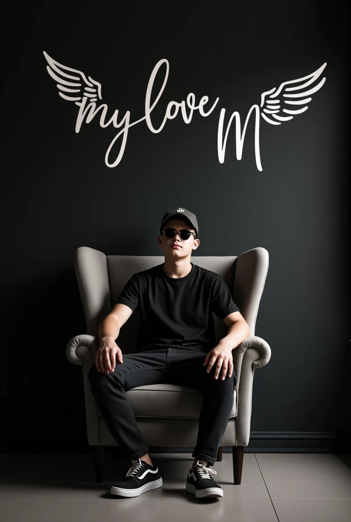 a boy in a 21 age
black shirt seated on a wingback chair, adorned in sneakers, a cricket cap, and sunglasses. Surround him with the text “My love M ” on a black wall, ensuring the absence of shadows and adding wings for an angelic touch.