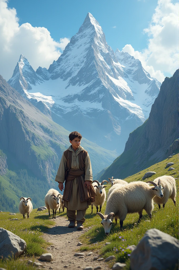 A 15 year boy grazing its goats in mountains are