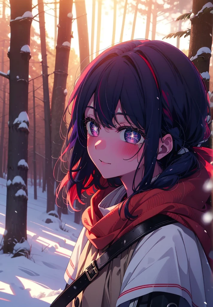 aihoshino, Ai Hoshino, Long Hair, bangs, (Purple eyes:1.1), Purple Hair, (Symbol-shaped pupil:1.5), smile,,smile,blush,white breath,
Open your mouth,snow,Ground bonfire, Outdoor, boots, snowing, From the side, wood, suitcase, Cape, Blurred, , forest, White handbag, nature,  Squat, Mouth closed, Cape, winter, Written boundary depth, Black shoes, red Cape break looking at viewer, Upper Body, whole body, break Outdoor, forest, nature, break (masterpiece:1.2), Highest quality, High resolution, unity 8k wallpaper, (shape:0.8), (Beautiful and beautiful eyes:1.6), Highly detailed face, Perfect lighting, Extremely detailed CG, (Perfect hands, Perfect Anatomy),