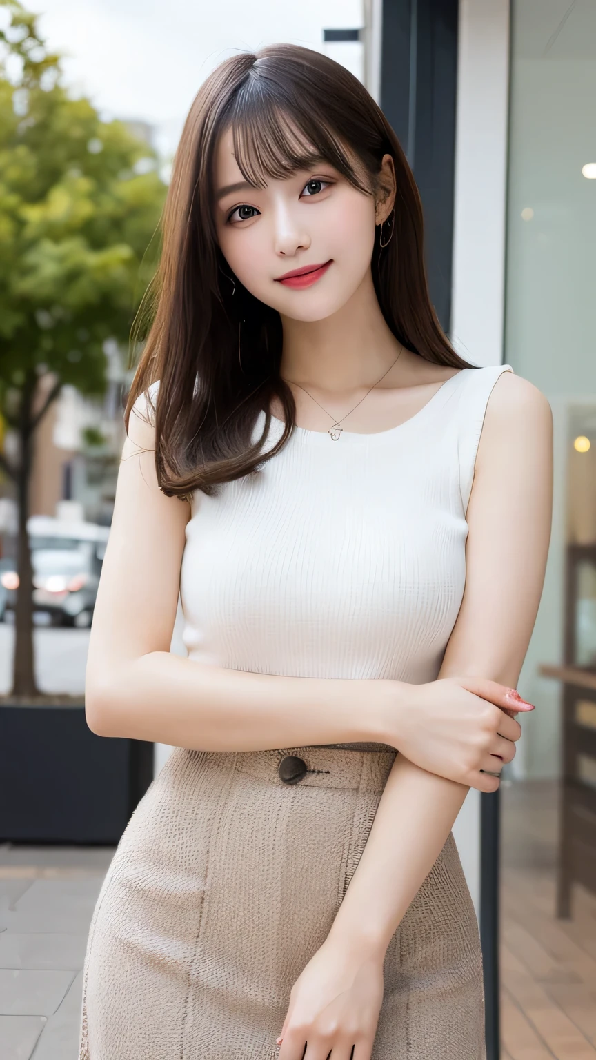 Tabletop, Highest quality, figure, Very detailed, In detail, High resolution, 8k wallpaper, Perfect dynamic composition, Beautiful attention to detail, Cold winter clothes,Medium Hair,Small Breasts Natural Color Lip, Bold sexy pose,smile,Harajuku、20-year-old girl、cute、sexy shot looking at camera