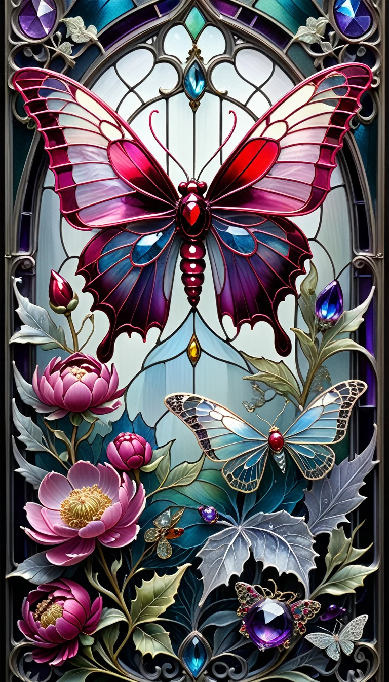 triadic colors, cinematic, official art, close fairytale transparent glass moth ruby peony flowers, ice hoarfrost, baroque, Craola, highly detailed stained glass wings, amethyst crystals, labradorite iridescent crystals, Andy Kehoe, John Blanche, complex highly detailed background, child book detailed illustration, fantasy, filigree, filigree detailed, intricated, cute