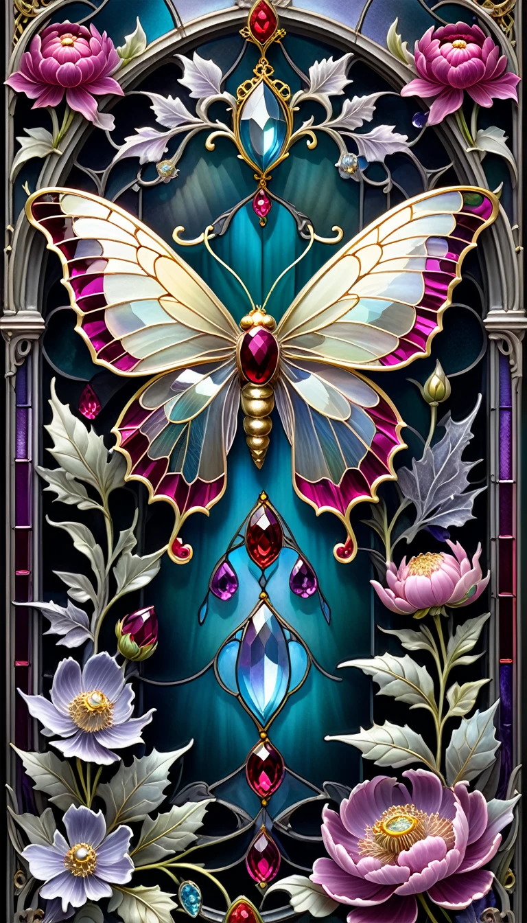 triadic colors, cinematic, official art, close fairytale transparent glass moth ruby peony flowers, ice hoarfrost, baroque, Craola, highly detailed stained glass wings, amethyst crystals, labradorite iridescent crystals, Andy Kehoe, John Blanche, complex highly detailed background, child book detailed illustration, fantasy, filigree, filigree detailed, intricated, cute