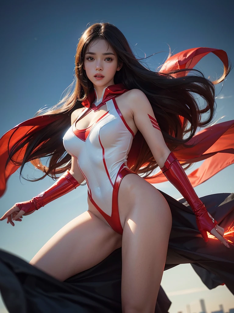 Sexiest Full Body Superwoman - costume colours White and Red, Red colour is glowing, shining and glittering, lighting, background of image futuristic City "A 16K resolution image with ultra-high picture quality, ensuring sharp, crisp details and textures throughout. The image should have exceptional clarity, with vibrant, true-to-life colors and a high dynamic range. Lighting should be natural, enhancing depth and detail, with no noise or blurriness, even in the Lightest areas." closest shot.