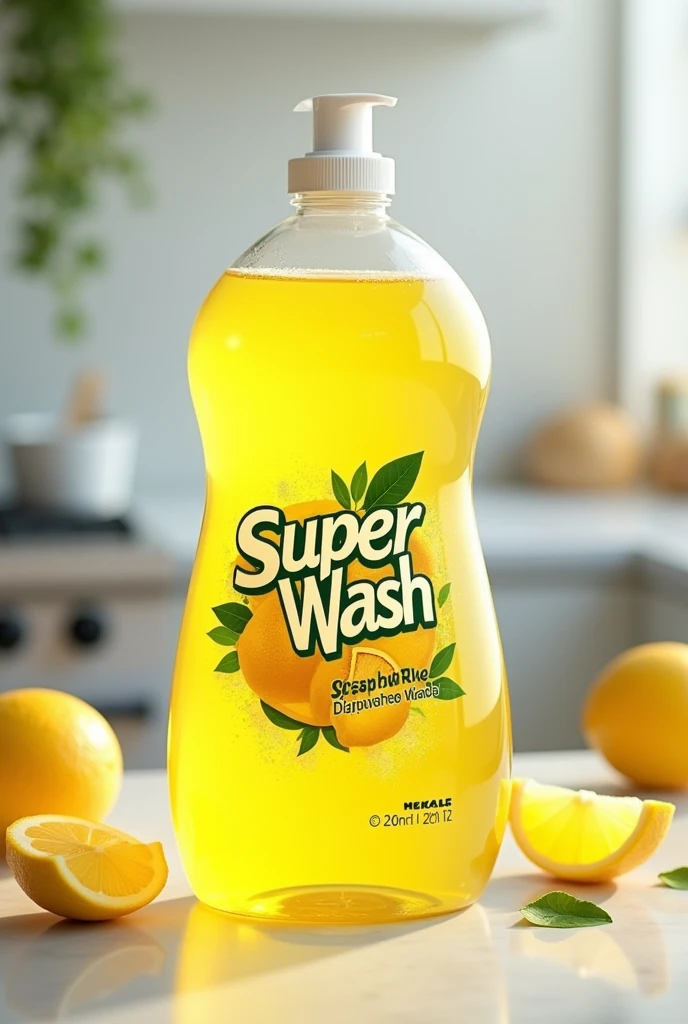 Super wash logo on lamon DISHWASH yellow transparent liquid bottle with lemon background and kitchen background