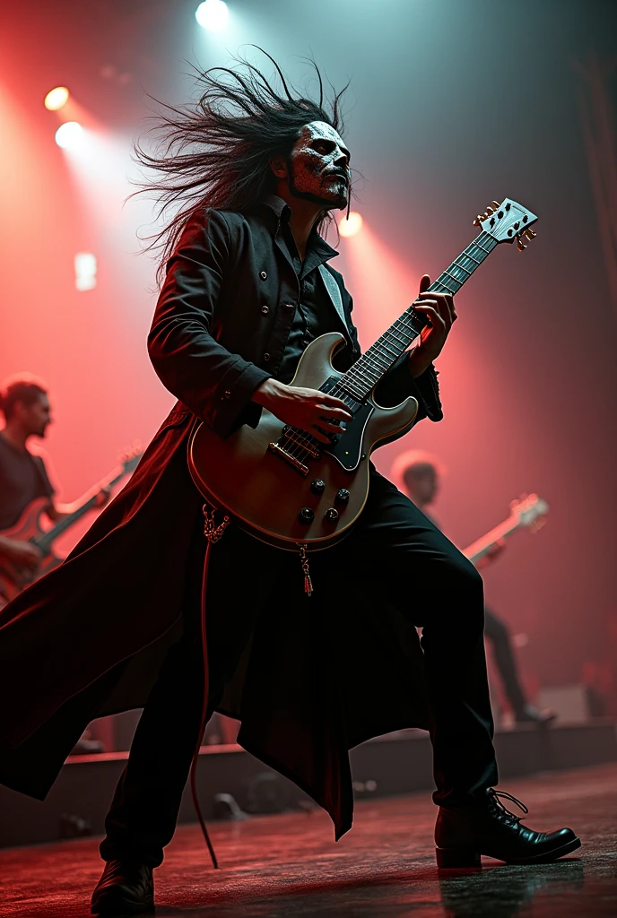 A filipino moro men with a mask a long hair and beard with long black coat guitarist 
while headbanging with a band in a death metal type band