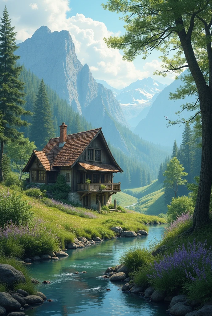 Chamois,Bavaria Mountains,trees,House,water,flowers ,birds,light Touch,mystical
