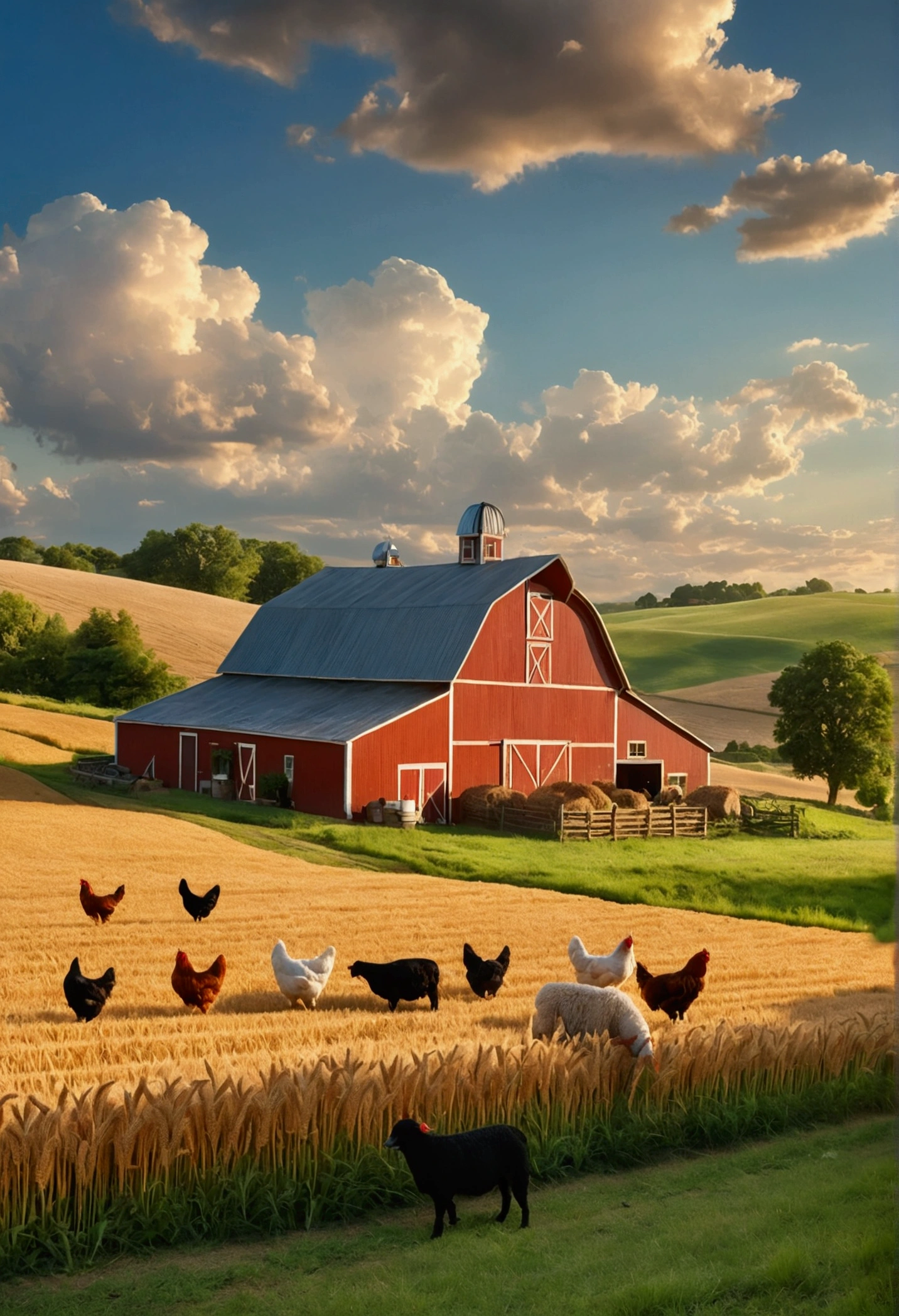 A beautiful, detailed scene of a thriving farm in mid-August, 1 farmer tending to their happy animals in a lush, sustainable landscape, wheat fields ripe for harvest, earthy tones, warm lighting, photorealistic, masterpiece, ultra-detailed, hyperrealistic, 8k, highly detailed, dramatic lighting, vibrant colors, golden hour, pastoral, serene countryside, rural landscape, rolling hills, barn, farmhouse, chickens, sheep, cows, dogs, cats, wheat fields, haystacks, blue sky, fluffy clouds
