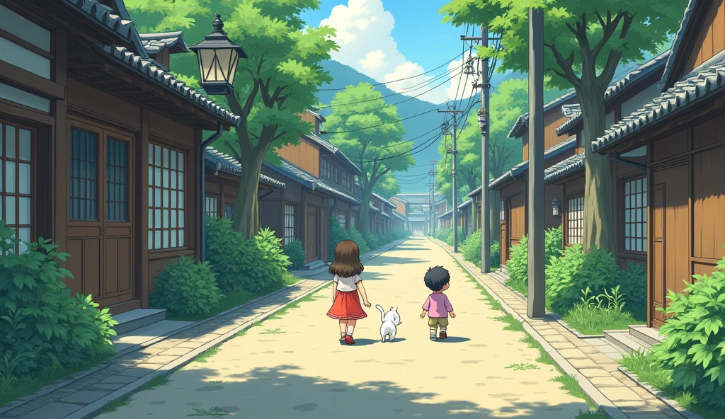 Generate a nostalgic anime-style image of a peaceful Japanese village setting during the early morning or late afternoon. The scene includes a quiet residential street or park, with traditional wooden houses, stone paths, and lush greenery. Children are seen playing or walking with a small white cat, creating a sense of warmth and tranquility. The lighting is soft, with gentle shadows, evoking a sense of calm and quietude. The perspective varies from top-down views of pathways to side views of narrow alleys, capturing the intimate, everyday moments of life in a rural village. The overall color palette should include soft blues, greens, and warm earth tones to emphasize the serene atmosphere. The style should resemble classic hand-drawn anime from the late 20th century, with subtle details and a focus on natural beauty.