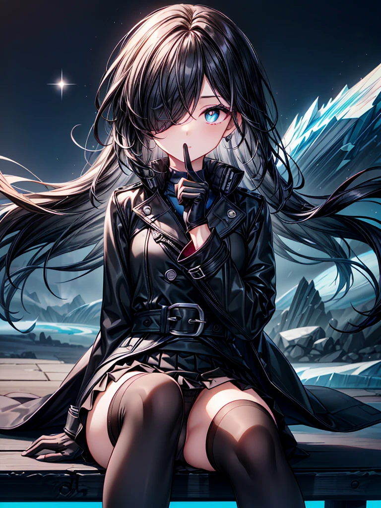 ((spread legs, sitting)),((Finger guns)),((Celestial Glacier)),(skirt-lift),((show panties)),((Highest quality)),((black micro mini length skirt)),((alone)),((Deep blue pupils)),((sparkling eyes)),(Beautiful Blue Eyes),((Wearing a black coat)),(((Wearing black tights))),(Slim body),((length, Shiny black hair)),((Her hair is parted, and you can see her eyes through it)),((Wearing black gloves)),((hair over one eye,long hair)),((Complex background)),((Hair blowing in the wind)