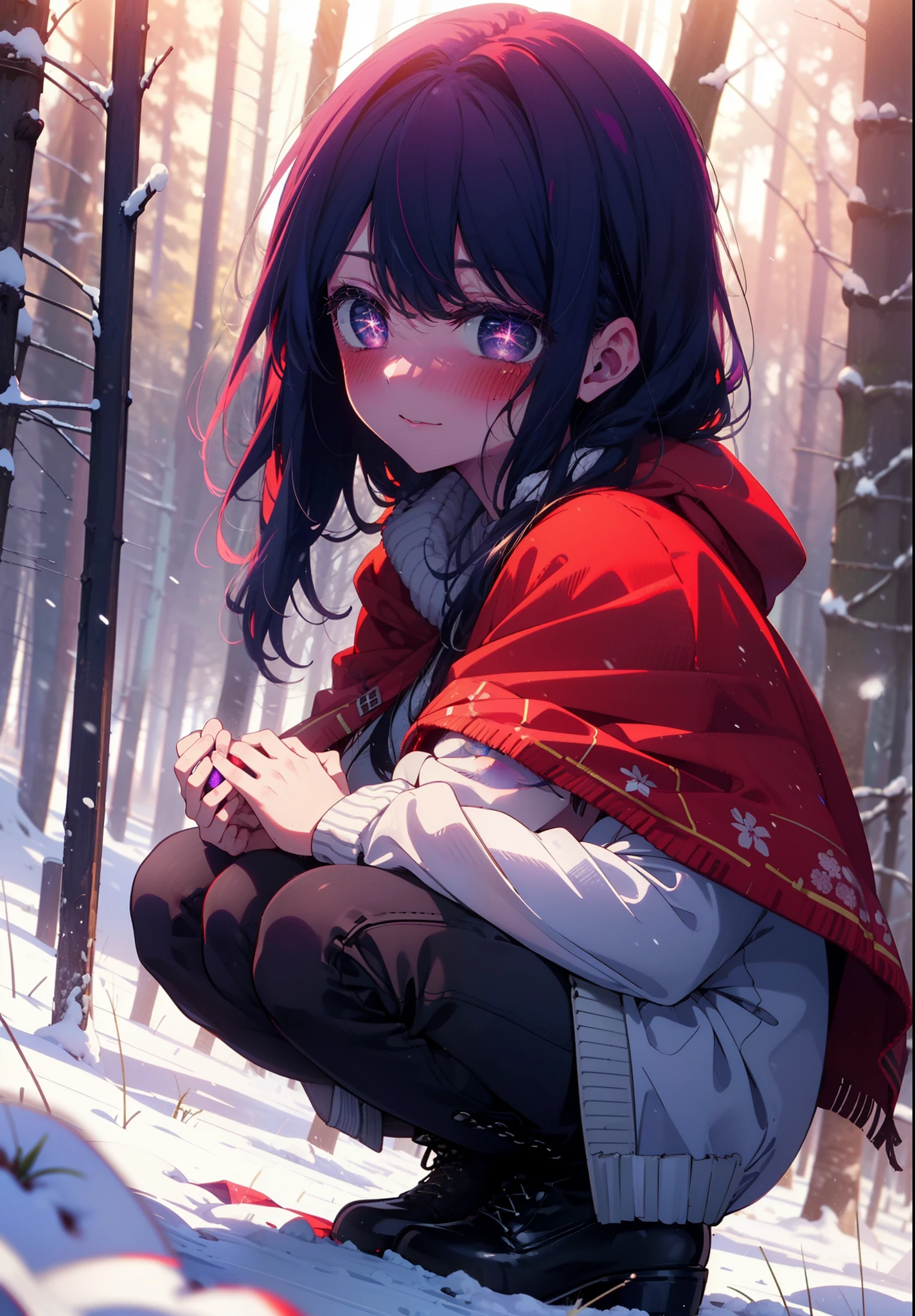 aihoshino, Ai Hoshino, Long Hair, bangs, (Purple eyes:1.1), Purple Hair, (Symbol-shaped pupil:1.5), smile,,smile,blush,white breath,
Open your mouth,snow,Ground bonfire, Outdoor, boots, snowing, From the side, wood, suitcase, Cape, Blurred, , forest, White handbag, nature, Squat, Mouth closed, Cape, winter, Written boundary depth, Black shoes, red Cape break looking at viewer, Upper Body, whole body, break Outdoor, forest, nature, break (masterpiece:1.2), Highest quality, High resolution, unity 8k wallpaper, (shape:0.8), (Beautiful and beautiful eyes:1.6), Highly detailed face, Perfect lighting, Extremely detailed CG, (Perfect hands, Perfect Anatomy),