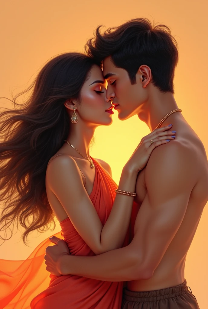 ((masterpiece)), ((best quality)), (portrait of beautiful girl and a handsome boy having a deep kiss), perfect detailed eyes, perfect detailed face, ultra-detailed nose, open mouth, random color saree, perfect teeth, bare shoulders, charming, perfect face, dimple on cheek, depth of field, high-resolution, ((real skin texture)), (well proportional hands), thin lips, random color hair, floating multicolored hair, hourglass waist, orange pastel background