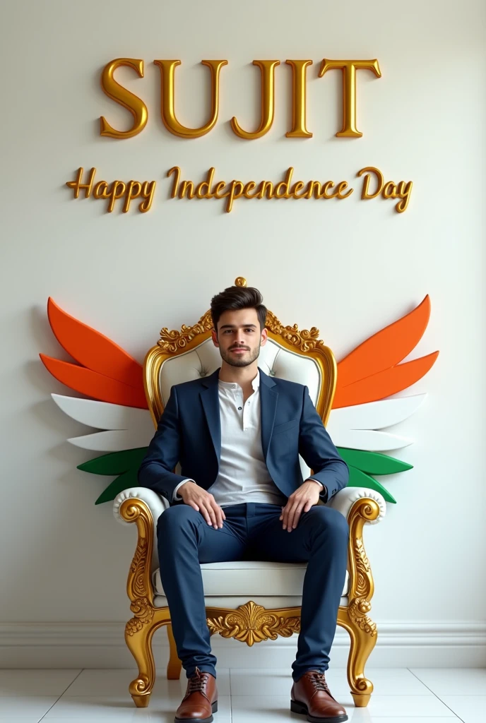 Create realistic illusion image A 20 years old boy is sitting on a king chair with indian tricolor wings and behind him the color of the wall is white on which “SUJIT” is written in golden. and also written Happy Independence Day” in clear letter written on small size on bottom