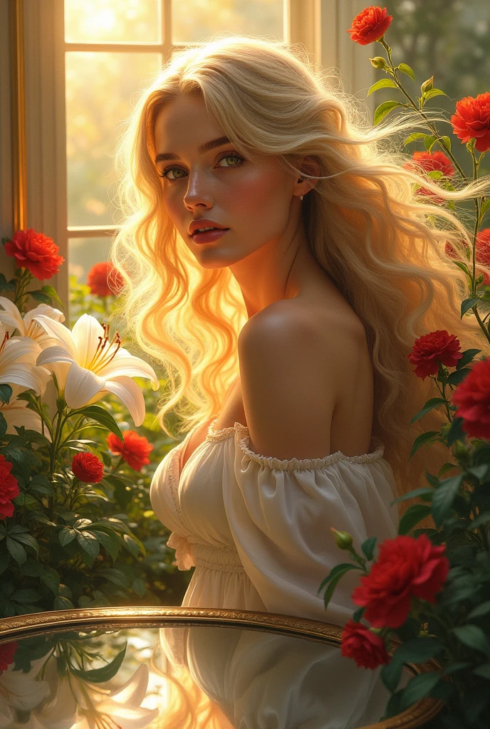 1. **"While competing with your hair" by Luis de Gongora:**
- **Idea for drawing:** Imagine a woman of ethereal beauty with a golden mane that shines in the sunlight. Around it, white lilies and red carnations, everyone looking at her with admiration. The woman is reflected in a glass mirror that, At the bottom, begins to fade into dust. The scene could be in a garden illuminated by a golden sunset, where nature itself competes with its beauty.