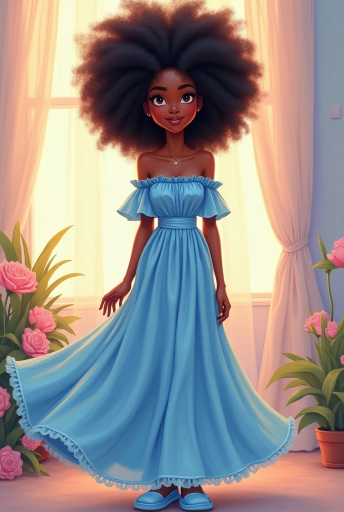 A Disney pixar black woman with black afro hair wearing a blue morning gown and blue sleepers shoes