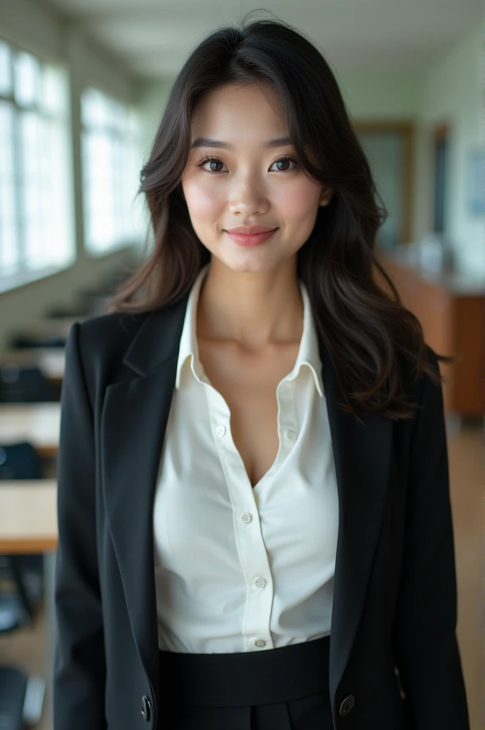 nsfw, (16K、RAW photo, highest quality, masterpiece)、(real photo)、score_9,score_8_up,score_7_up,8k, breasts, in more detail, beautiful eyes, A beautiful Japanese woman, very detailed and beautiful, very detailed, amazing details、cute beautiful woman with perfect body、real face, Beautiful woman at 30 years old、Shiny skin、A beautiful Japanese woman, Big Tits:1.3)、School teacher、business suit、School、squat