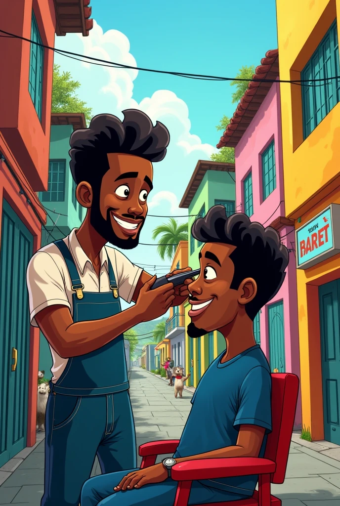 young black man cutting customer's hair in the favela (cartoon)