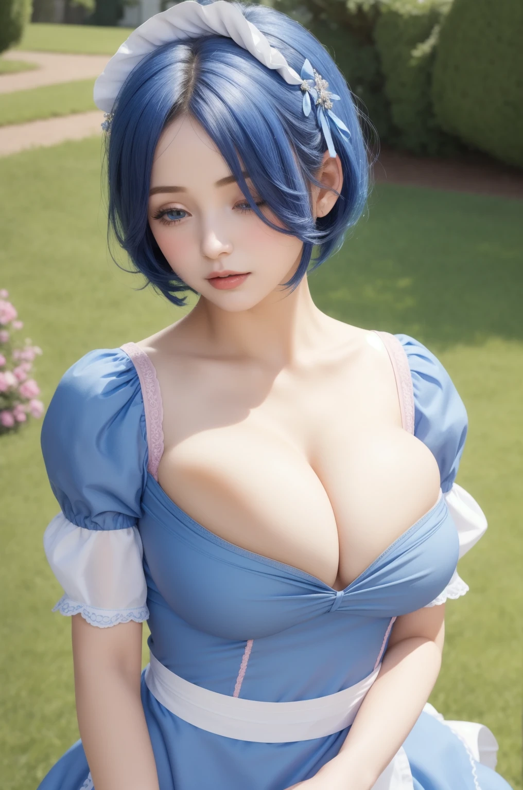 1girl, solo, breasts, looking at viewer, blush, short hair, blue eyes, hair ornament, dress, ribbon, medium breasts, blue hair, hair ribbon, outdoors, detached sleeves, sky, day, hair over one eye, apron, blue sky, maid, maid headdress, x hair ornament, pink ribbon, roswaal mansion maid uniform