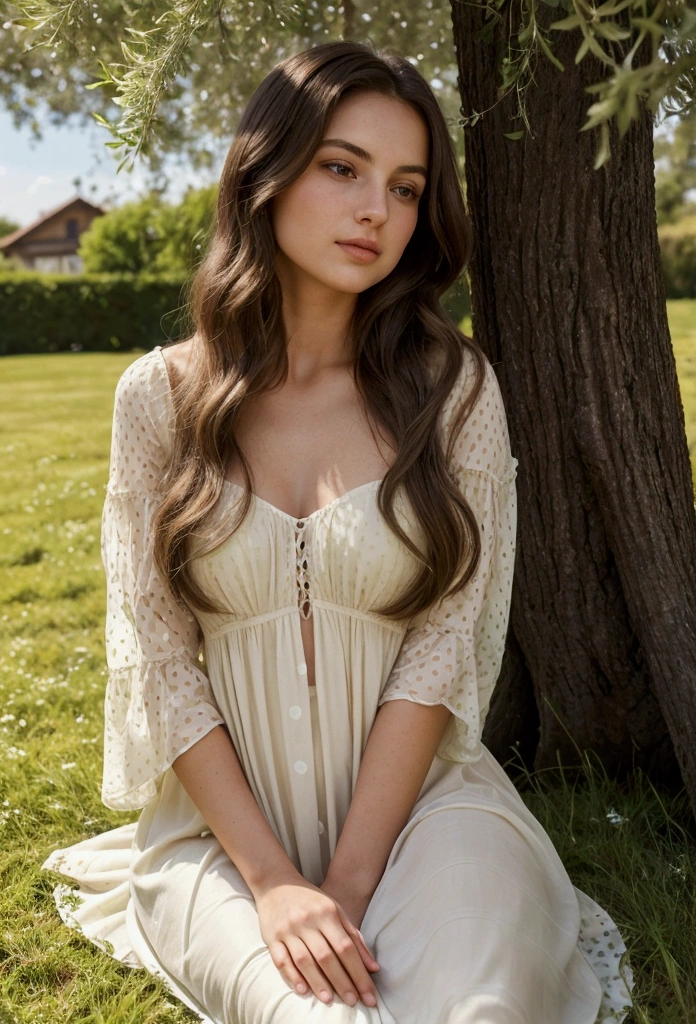 A highly realistic photo of a 23-year-old brunette woman of Italian descent, with long, slightly wavy hair and a warm, olive-toned complexion. She is lying in the grass in her garden, wearing a light, flowing white dress that drapes elegantly around her. The grass is lush and green, dotted with small wildflowers. Sunlight filters through the leaves of nearby trees, casting soft dappled light across her and creating a serene, peaceful atmosphere. Her expression is calm and content, as she enjoys the warmth of the sun and the natural beauty of her surroundings.