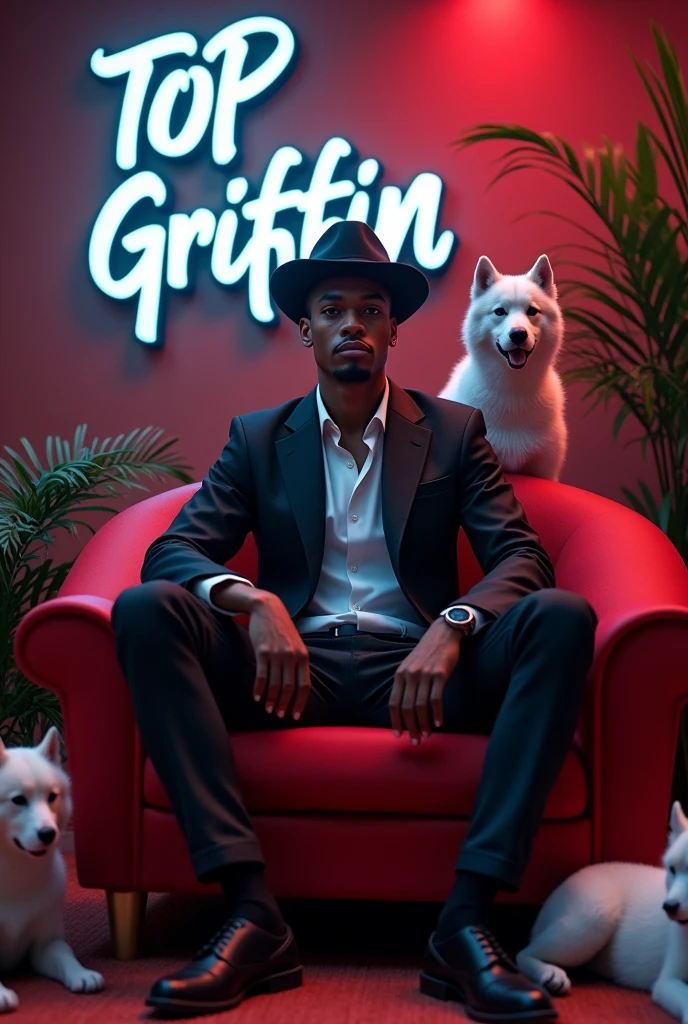 20 year old boy, brownish skin, sitting on the red couch, wearing black suites with white button shirt and black slatter,
Write TOP Griffin on his background and cowboy cap, surrounded by all guns with 2white k9 dogs, red and blabk cars, surrounded by 2 beautiful women, money, light color of the room is red and blue