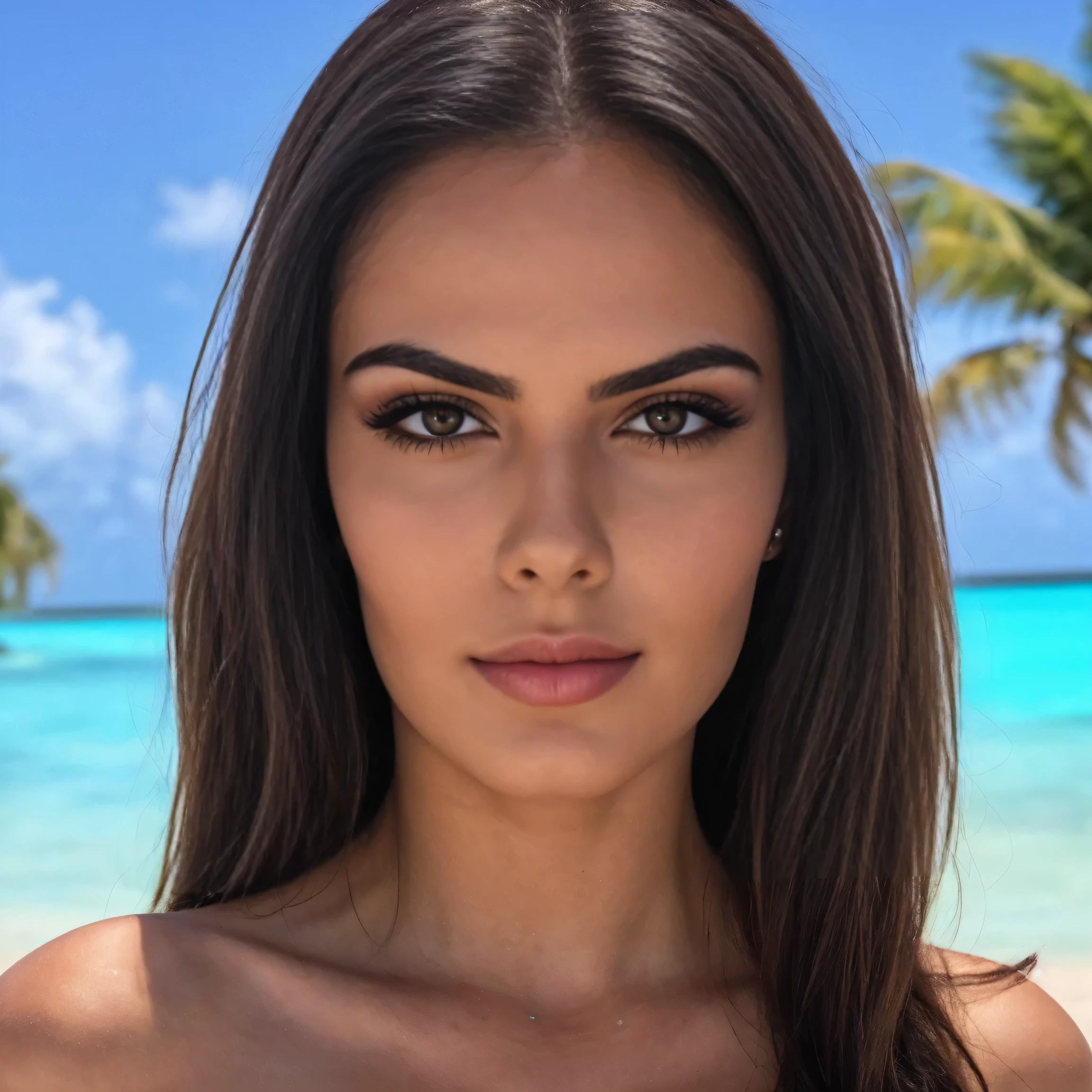 a beautiful woman in the Maldives, tropical island paradise, turquoise ocean, golden sand beach, coconut palm trees, clear skies, serene atmosphere, elegant long dress, flowing hair, gentle breeze, warm sunlight, photorealistic, 8k, detailed face, beautiful eyes, delicate lips, intricate jewelry, cinematic lighting, vibrant colors, realistic skin, (best quality,4k,8k,highres,masterpiece:1.2),ultra-detailed,(realistic,photorealistic,photo-realistic:1.37)
