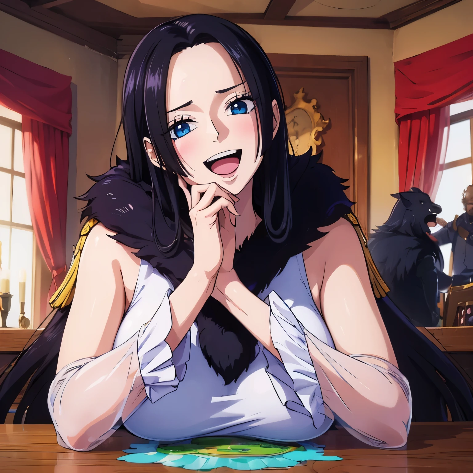 (((masterpiece))), (((Highest quality))), ((Ultra-detailed)), (Highly detailed CG illustrations), Boa Hancock, (1 person),Upper Body, (Black fur, wide: 1.3), Beautiful Skin, Absurd, Charm, 超High resolution, High resolution, (Sexually excited:1.5), Pinkish white skin, {Inside the room|Exterior|Simple Background},(No shoulder strap:1.3, (blue eyes)