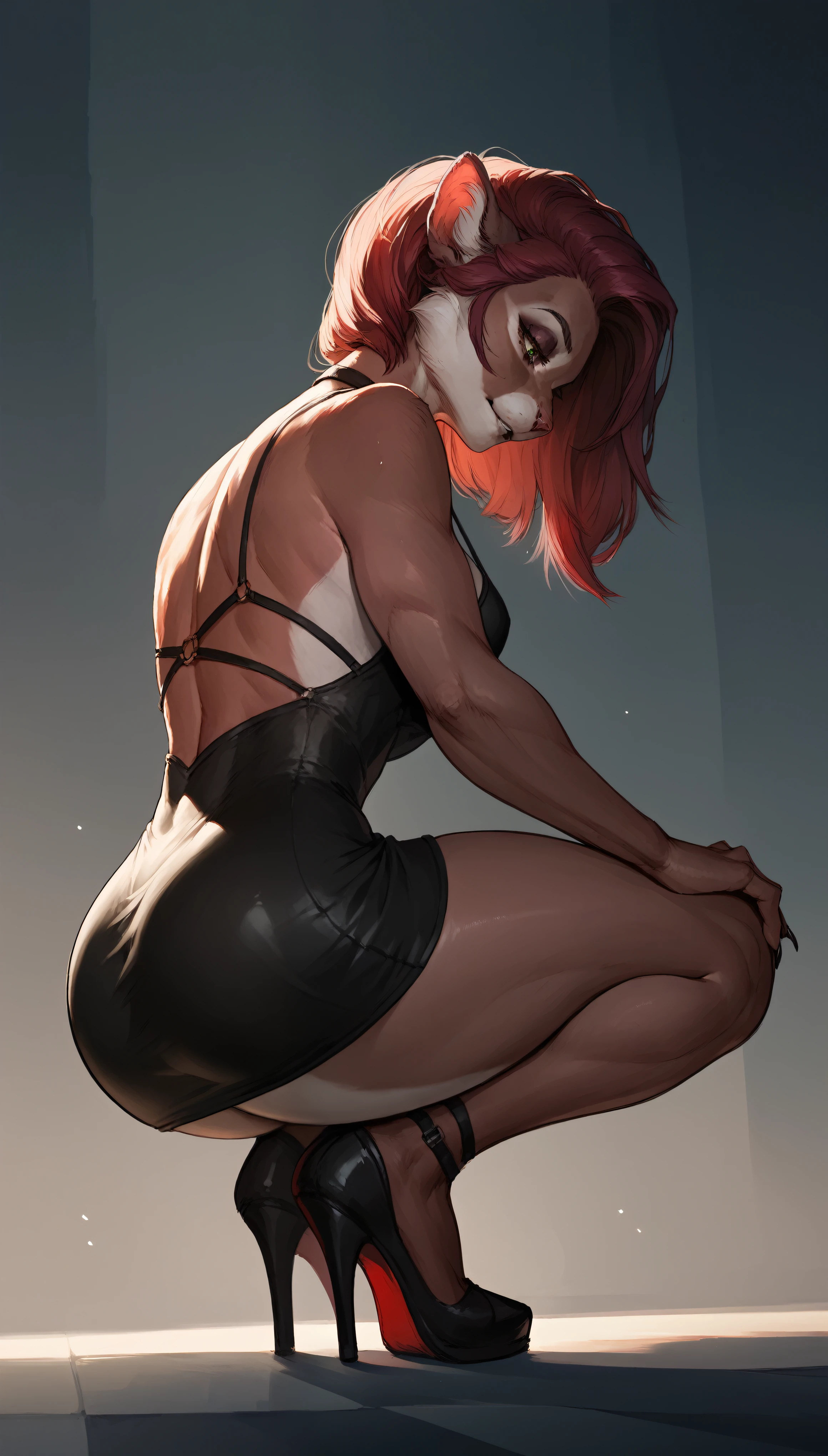 Furry Cat, Female, Squatting,minidress,high heels,look down, lecherous look, 1 Female,Near angle