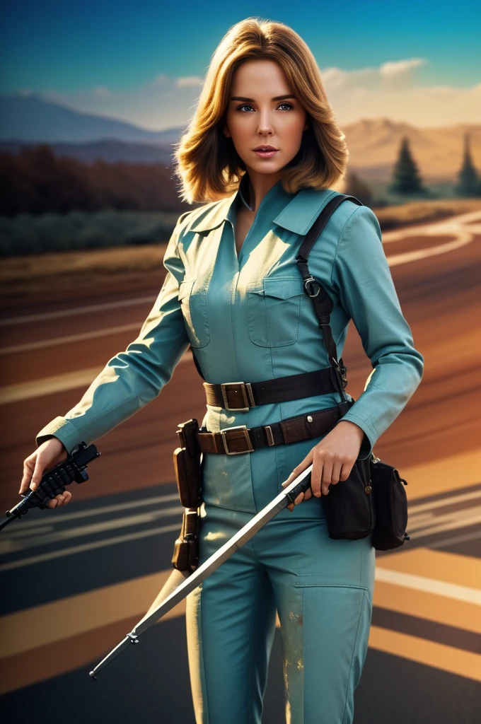 There is a title "FELLOWERS" on a big watch painted on the white road. Guns, swords, explosive elements in the background of the title. Blurry bullets passing over the title "FELLOWERS". A 3D, aesthetic, Sci-Fi Poster.