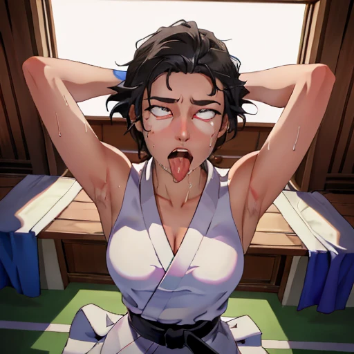 ((((masterpiece, best quality, high resolution)))), Extremely detailed 8K, 1 female, wearing a white Karate gi, (ahegao),white eyes, Small breasts, sash, japanese clothes,  No underwear,No eyeballs, Facing the audience, looking at the audience, tired, from below, (Exposed armpit:1.1), ((armpit:1.2)), sexy, Sweating, More and more sweat,(ahegao), (Roll your eyes),  open mouth, Sticking out tongue, saliva, Slobber,Skinny, raise arms, (arms above head:1.5)(Ultra HD, Ultra-detailed, Highly detailed, Highly realistic, Ultra-realistic, photograph realistic), (1girl:1.5), (Realistic black hair), (dynamic poses), facing at camera, looking at viewer, (slightly serious face), (perky breasts:1.2), (beautiful detailed face, beautiful detailed eyes), ((worn out karate gi)), (preparing for a fight), sweat, glow, (sunbeam, sunlight), ((cowboy shot)), inside a training gym, seductive, EnvyBetterHands LoCon,