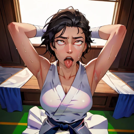 ((((masterpiece, best quality, high resolution)))), Extremely detailed 8K, 1 female, wearing a white Karate gi, (ahegao),white eyes, Small breasts, sash, japanese clothes, No underwear,No eyeballs, Facing the audience, looking at the audience, tired, from below, (Exposed armpit:1.1), ((armpit:1.2)), sexy, Sweating, More and more sweat,(ahegao), (Roll your eyes), open mouth, Sticking out tongue, saliva, Slobber,Skinny, raise arms, (arms above head:1.5)(Ultra HD, Ultra-detailed, Highly detailed, Highly realistic, Ultra-realistic, photograph realistic), (1girl:1.5), (Realistic black hair), (dynamic poses), facing at camera, looking at viewer, (slightly serious face), (perky breasts:1.2), (beautiful detailed face, beautiful detailed eyes), ((worn out karate gi)), (preparing for a fight), sweat, glow, (sunbeam, sunlight), ((cowboy shot)), inside a training gym, seductive, EnvyBetterHands LoCon,