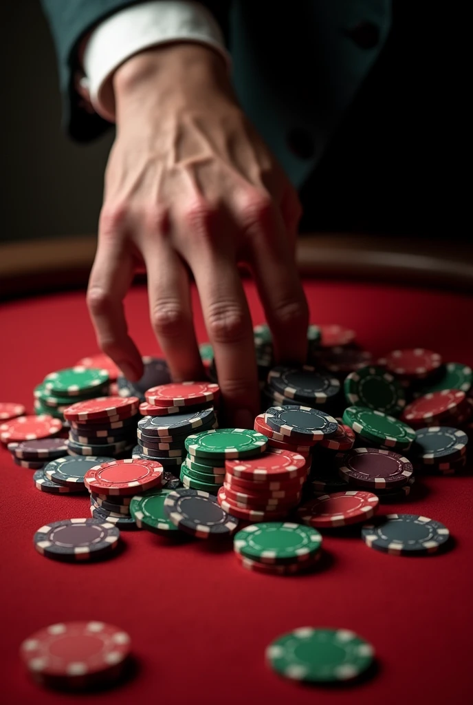 On the red poker table、I see a hand grabbing a bunch of poker chips。A large number of poker chips are held in the hand。