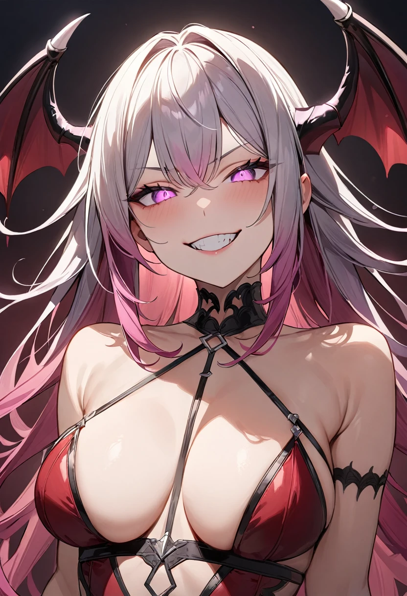 (masterpiece, top quality, very aesthetic, 4k、illustration), intricate detail, 1woman,solo,contrapposto 、Strong glowing eyes、,(upper body)、grin、(devil、Succubus、Erotic),beautiful face、(gradient hair)、multicolored hair,middle hair,sidelock ,purple eyes、dominatrix、medium breasts、slender 、