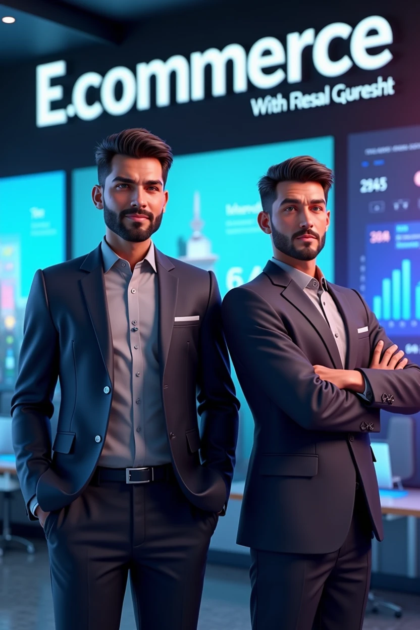 I want to create a 3d picture that has my channel name (E-commerce With Faisal Qureshi) and a very nice logo and a businessman and very handsome boy in this picture This picture background world E-commerce institute.