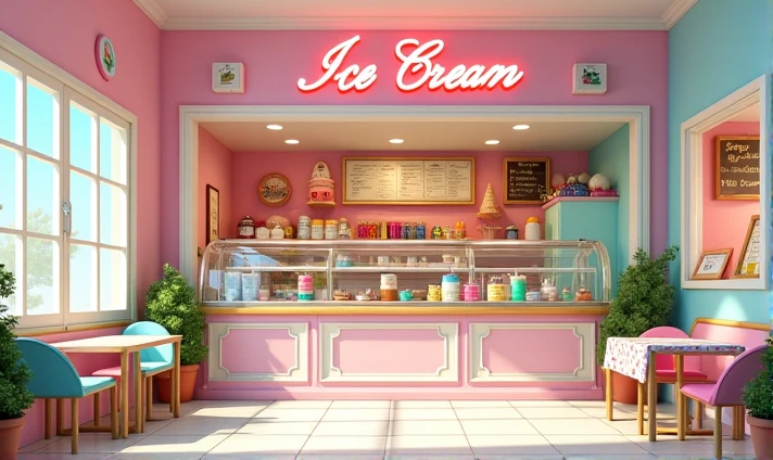

The image shows a charming ice cream shop that exudes an irresistible charm and invites everyone to come in and taste its delights.. The ice cream shop&#39;s facade is an attractive combination of vibrant colors and cozy details.. The exterior walls are painted in a soft pastel shade., like a light blue or a mint green, with large windows framed by elegant white frames that reveal the cozy atmosphere of the interior.

About the entry, a classic, stylized sign in bright, cursive letters displays the name of the ice cream shop, complemented by a cheerful illustration of an ice cream cone covered in colorful sprinkles. The glass doors are decorated with festive and fun stickers, and there is a small wooden sign with a welcome message that says "Come in and Smile!" hanging on a string.

As you step inside, the first thing that catches your eye is the ice cream counter, that stretches along one wall and is filled with a rainbow of delicious flavors in heat-resistant display cases. Each pot is colorful and very presentable., with descriptive labels and appetizing images of the flavors. The counter is decorated with a light wood finish and polished metal details., giving an air of casual elegance.

Behind the counter, Employees, with friendly uniforms and a welcoming smile, serve with efficiency and enthusiasm. There is a menu board above the counter, with a selection of ice creams, sundaes, milkshakes and frozen desserts, all tantalizingly described and illustrated with vibrant photos.

The ice cream shop&#39;s atmosphere is lively and welcoming., with chairs and tables arranged in comfortable areas. The tables are small and round, covered with tablecloths in fun patterns, like stripes or polka dots. There are also colorful and comfortable chairs, some with soft cushions, that invite visitors to sit back and relax.

The floor is made of white ceramic tiles with colored details that imitate grains., adding a touch