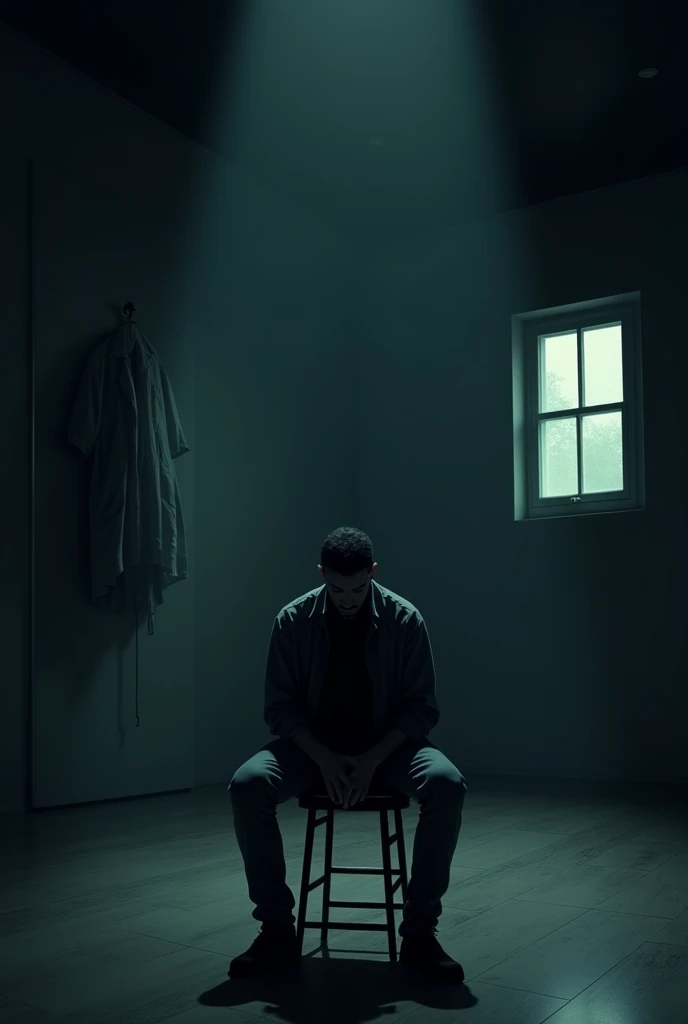 
A top on the stool sitting man ready to suiciding in a dark ultra wide with 1 side and 1 front windows room with hang up 
