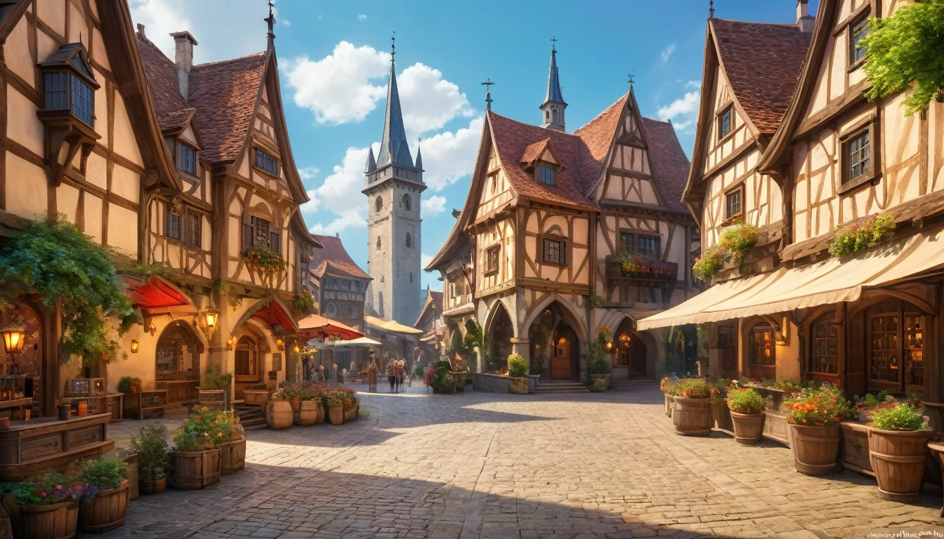 (anime, fantasy, town square, medieval), (best quality, highres, highly detailed, HDR:1.2), vibrant colors, calm atmosphere, ((medieval town)), town square with shop and house, lamp post, fountain, intricate, ethereal light, detailed landscape
