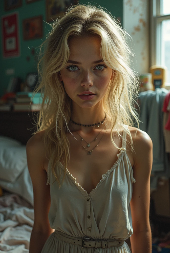 One Woman, Silver Eyes, Blonde Hair, Messy room, 18-year-old,