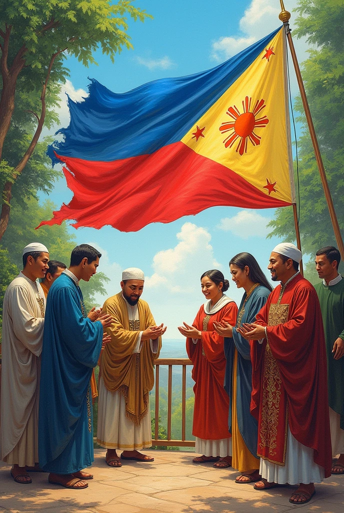 make me a philippine flag background and each side is every religions in philippines, make it colorful and the religion is bigger and clear to see put some people helping each other the dress of the people should be traditional like muslims and christians make it like a painting made by a color pencil
