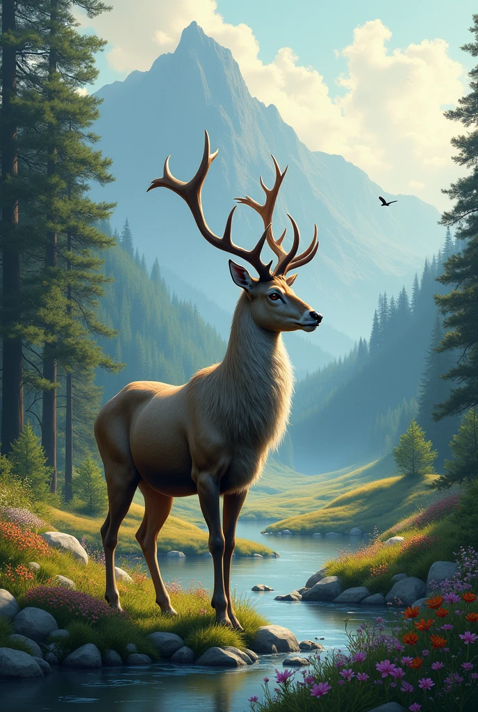 Capricorn,Deer,Bavaria Mountains,trees,House,water,flowers ,birds,light Touch,mystical