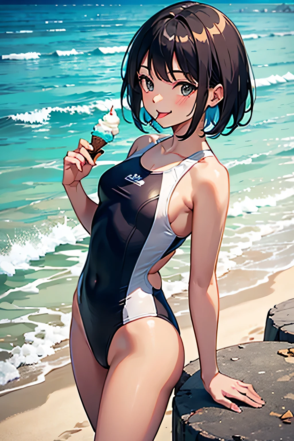 Ocean，Young Woman，Height 175cm，Are standing，Small Head，(Provocative smile)，Eating ice cream，Open your mouth，Showing tongue，short hair，Black Hair，(White swimsuit)，(Chocolate brown skin).