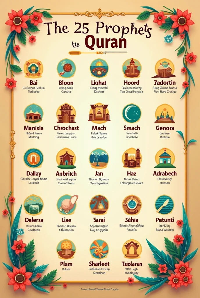 Make a poater of 25 prophets name and symbol from quran for kids
