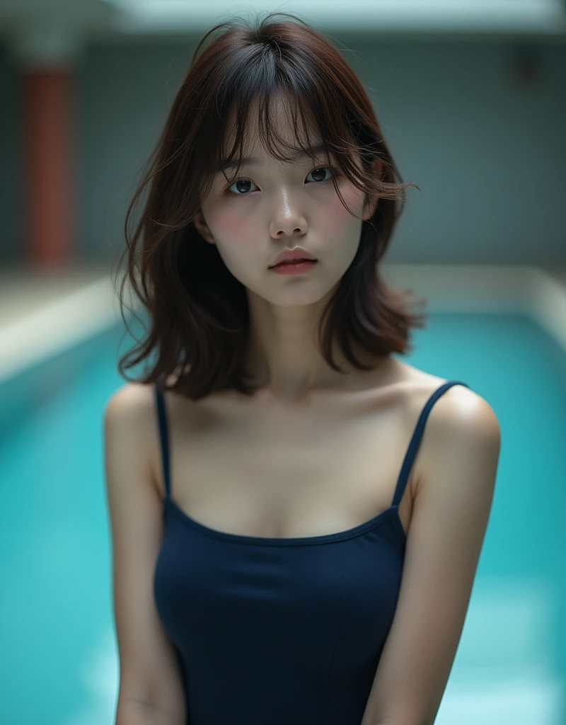 Dreamy atmosphere, High Contrast, Ultra Sharp, Studio shot、Upper body portrait、Angle from below、(navy school swimsuit :1.2), (small breasts), Focus on the chest、Slim Body Enhancement、Realistic、Realistic、Highly detailed cute girl、alone、18-year-old、Japanese、Melancholic expression, Brown Hair、Medium long cut hair, Pool for background、Out of focus、Blur、