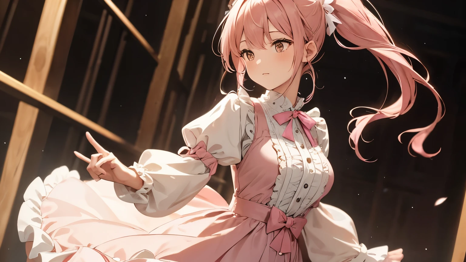 A beautiful woman wearing a brown and white long puff-sleeved dress with lots of frills and lace Pink hair ponytail with ribbon Upper Body