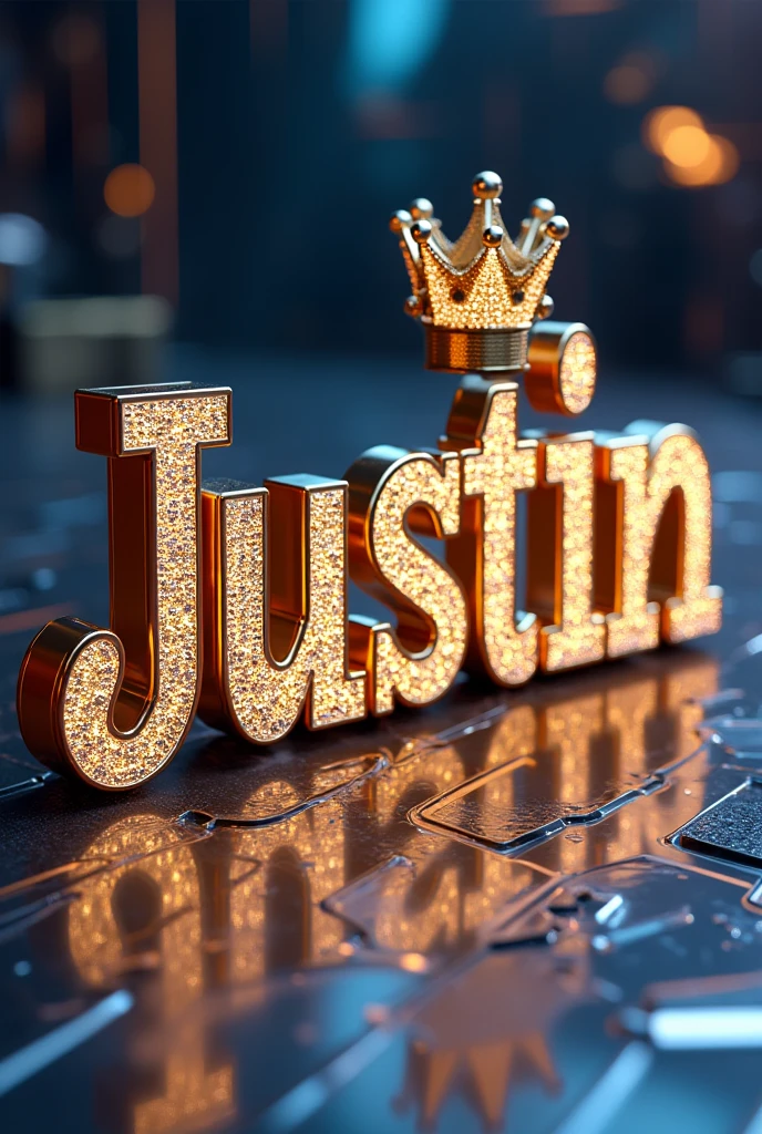 Write the name "justin" in gold and diamond with a crown on top and very creative Disagne an ultra modern background