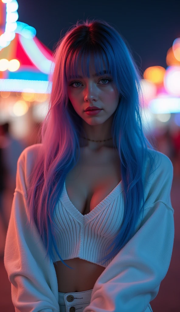zPDXL2, close-up, portrait, beautiful girl (rainbow dye, BLUE hair:1.3), long hair, bangs, at a carnival at night, wearing a white sweater and pants, (score_9, score_8_up, score_7_up, score_6_up, score_5_up, score_4_up, high res, 4k)
Negative prompt: 3d, covered nipples, nsfw, cleavage, brunette, brown, teeth, muscular, (score_3_up, score_4_up, score_5_up, monochrome, vector art, blurry)
Steps: 40, CFG scale: 7, Sampler: DPM++ 2M, Seed: 70649309, VAE: sdxl_vae_0.9.safetensors, Size: 768x1152, Model: Kestral-PNY_by_Zovya_V0, Version: v1.9.3, Model hash: ec6546c95c, Hires upscale: 1.5, Schedule type: Karras, Hires upscaler: 4x_foolhardy_Remacri, Denoising strength: 0.5, Downcast alphas_cumprod: True