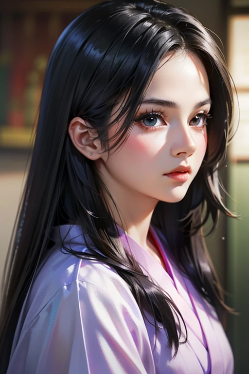 (8k, RAW Photos, Highest quality, High resolution:1.2), (Realistic, photo-Realistic:1.37) , (Highly detailed face and eyes、Beautiful Face、Beautiful Eyes、Beautiful Nose、Pretty lips)、alone, One person, female_concentrated, Black Hair, kimono,Japanese style background,Sengoku period,Hancock from One Piece,(Black Hair, Long Hair: 1.3)