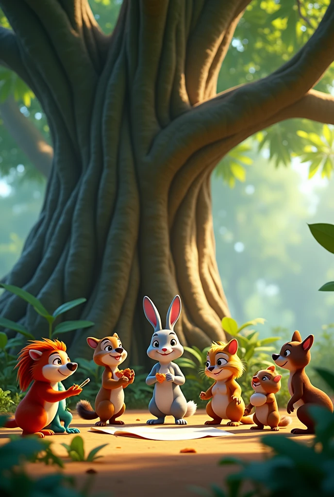 3d animation cartoon "Kaashi and the rabbit, Kharmo, planning with other jungle animals** under a large tree, with all the animals listening intently and nodding in agreement.
