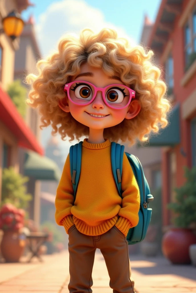 Disney Pixar style image of with blonde curly hair, brown eyes and pink glasses, wearing yellow sweater, Brown pants, standing, with blue backpack