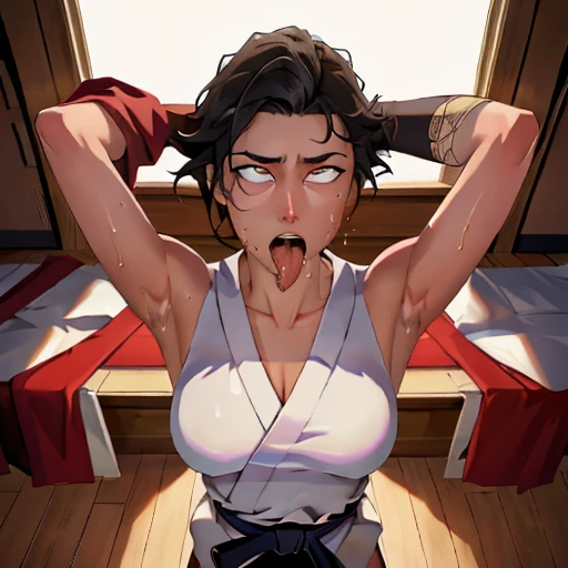 ((((masterpiece, best quality, high resolution)))), Extremely detailed 8K, 1 female, wearing a white Karate gi, (ahegao),white eyes, Small breasts, sash, japanese clothes,  No underwear,No eyeballs, Facing the audience, looking at the audience, tired, from below, (Exposed armpit:1.1), ((armpit:1.2)), sexy, Sweating, More and more sweat,(ahegao), (Roll your eyes),  open mouth, Sticking out tongue, saliva, Slobber,Skinny, raise arms, (arms above head:1.5)(Ultra HD, Ultra-detailed, Highly detailed, Highly realistic, Ultra-realistic, photograph realistic), (1girl:1.5), (Realistic black hair), (dynamic poses), facing at camera, looking at viewer, (slightly serious face), (perky breasts:1.2), (beautiful detailed face, beautiful detailed eyes), ((worn out karate gi)), (preparing for a fight), sweat, glow, (sunbeam, sunlight), ((cowboy shot)), inside a training gym, seductive, EnvyBetterHands LoCon,