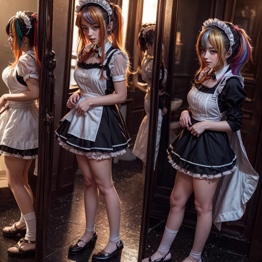 (Extremely Detailed((Kawaii Maid Group in a row:1.37))), Childish perfect face, Reflective Eyes, Detailed(Delicate Clothing textures), Dynamic Joyful Expressions LifeLike Rendering, (Specular Reflection:1.2), TopQuality 8K Ultra-detailed masterpiece (ProfessionalPhoto:1.37), (Acutance:0.8), (Luminism:1.28), (Renaissance art style), (Colorful Light particles:0.75), (Muscle:-0.5), ((Full body from side)), {mini(SkirtLift)|glossy floor|Kissing|Hugging|Undressing}, Radiant Fine Skin with Transparency, (Exposed:0.5), (Different Types of Vivid Anime Hair Color:1.6), Perfect Lighting 