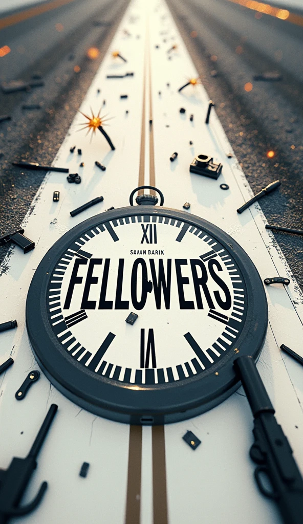 There is a title "FELLOWERS" on a big watch painted on the white road. Guns, swords, explosive elements in the background of the title. Blurry bullets passing over the title "FELLOWERS". A 3D, aesthetic, Sci-Fi Poster.